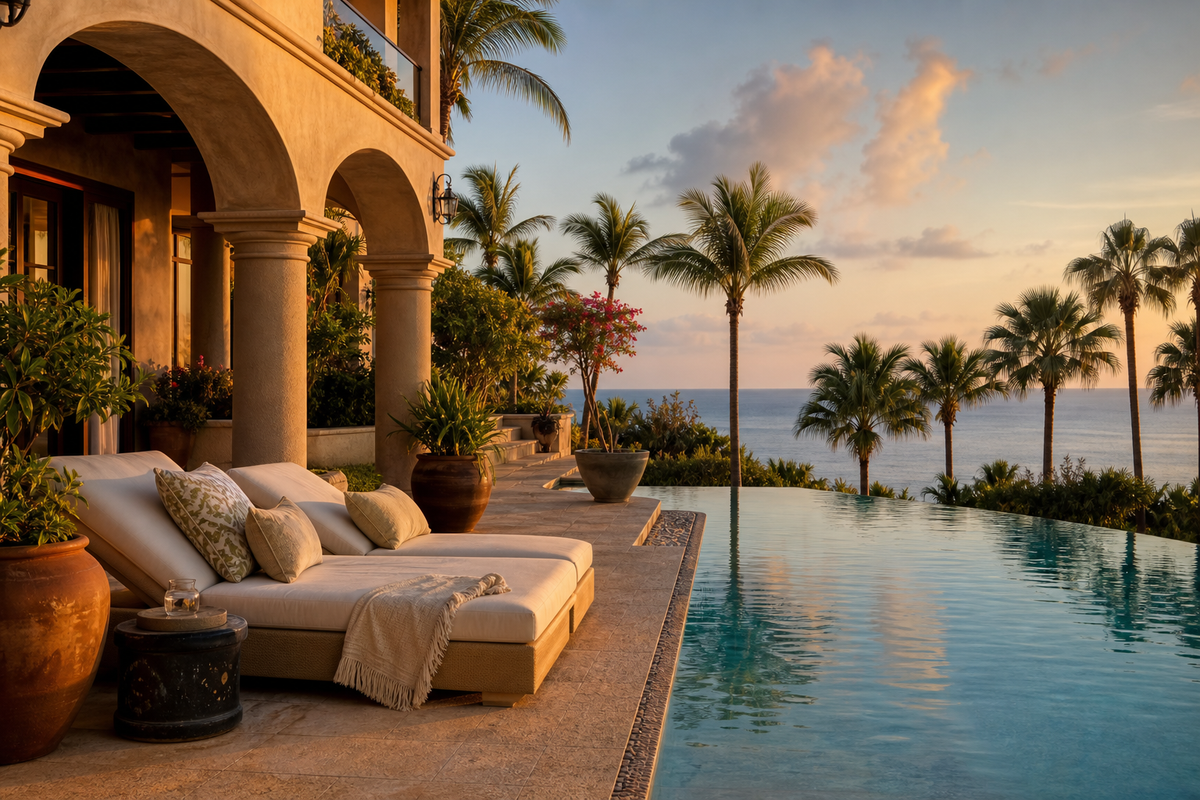 Luxury resort terrace and infinity pool at golden hour, resort wear capsule mood