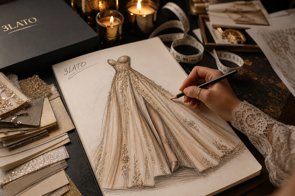 3LATO sketchbook with a custom birthday dress design illustration and fabric swatches at consultation