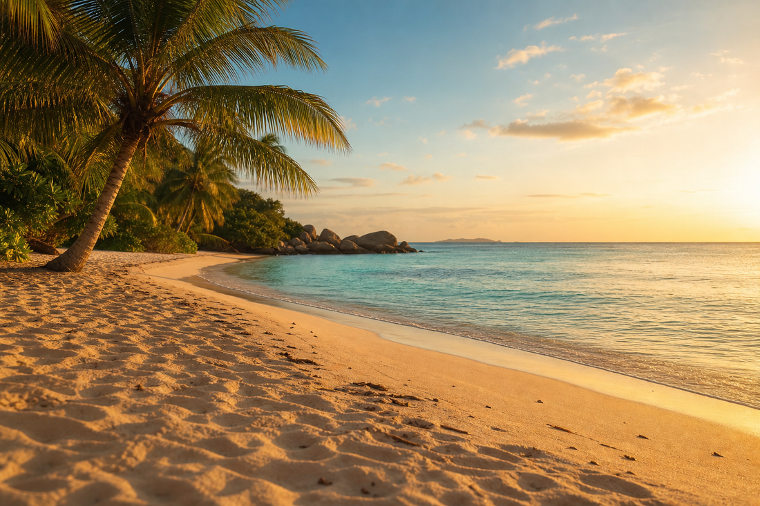 Empty golden sand shoreline and calm turquoise sea at sunset, honeymoon trip setting