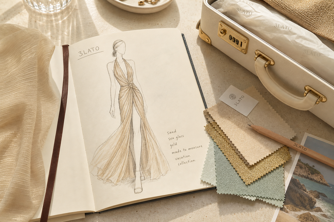 Open sketchbook with a 3LATO vacation dress design illustration, fabric swatches, and an open luxury suitcase