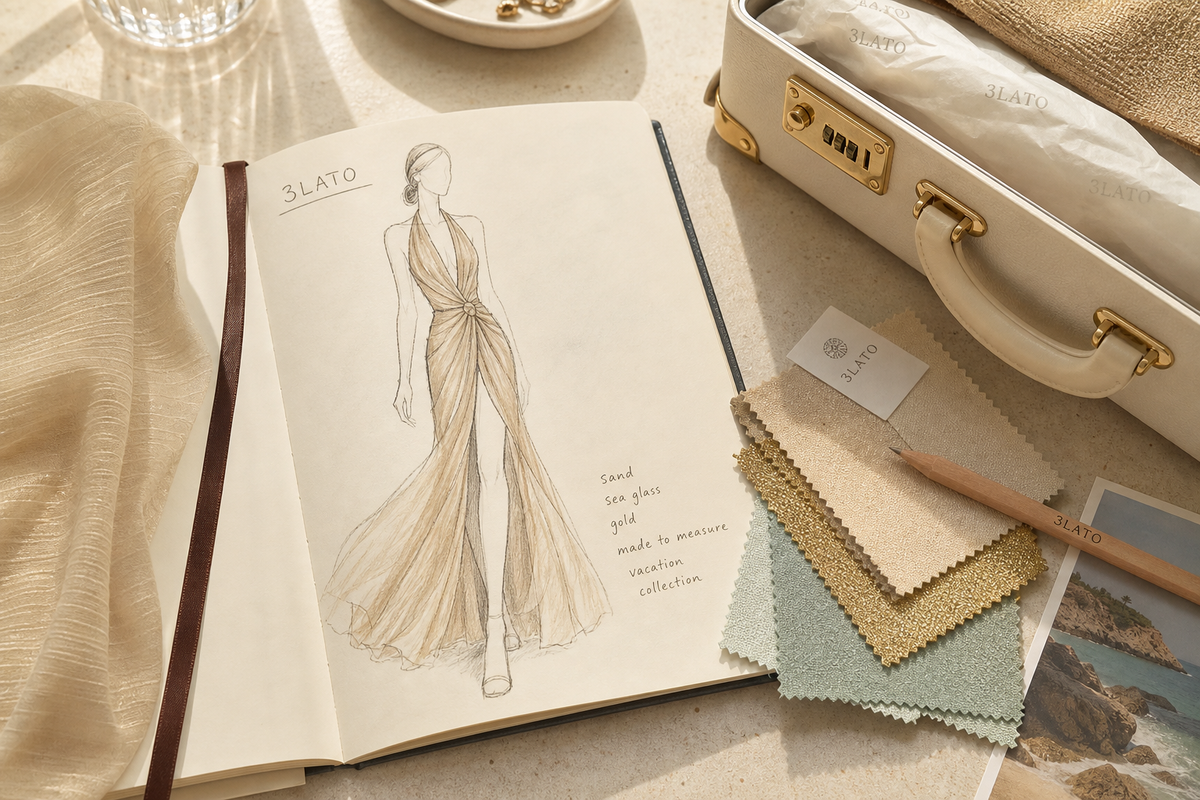 Open sketchbook with a 3LATO vacation dress design illustration, fabric swatches, and an open luxury suitcase
