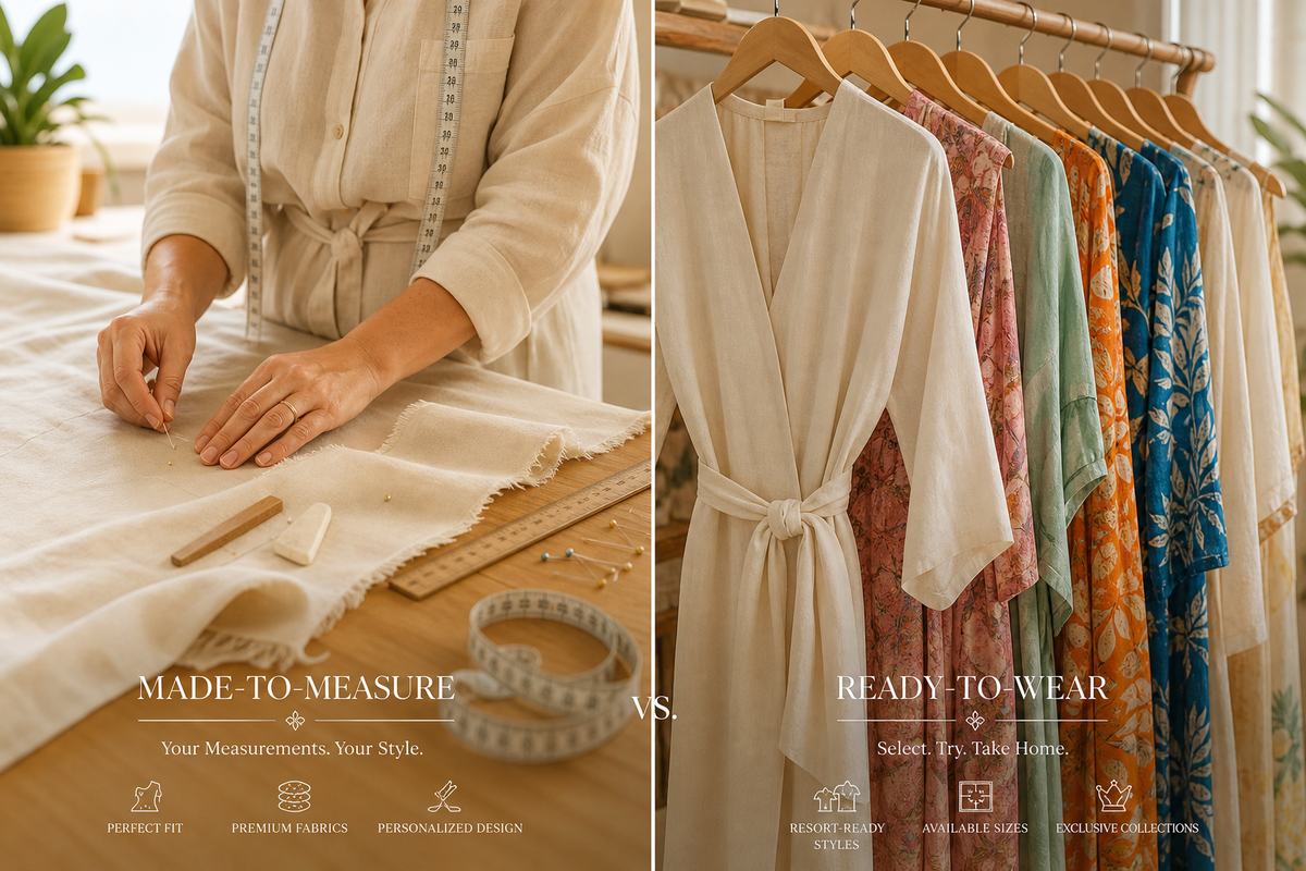 Tailor pinning fabric beside a rack of ready-to-wear resort dresses