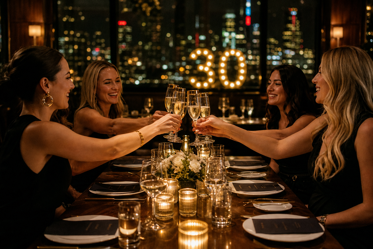 Champagne toast at an upscale restaurant table for a milestone birthday dinner