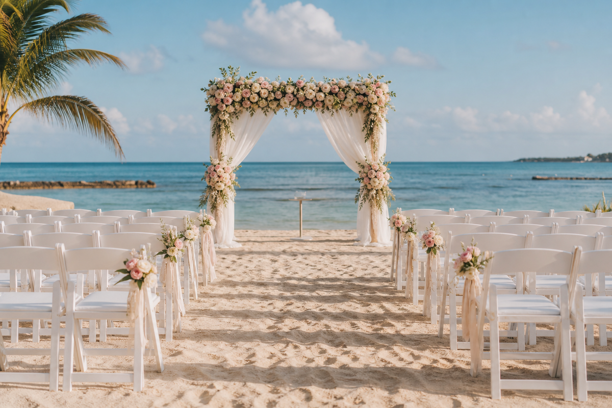Outdoor beach wedding ceremony chairs and floral arch facing the sea
