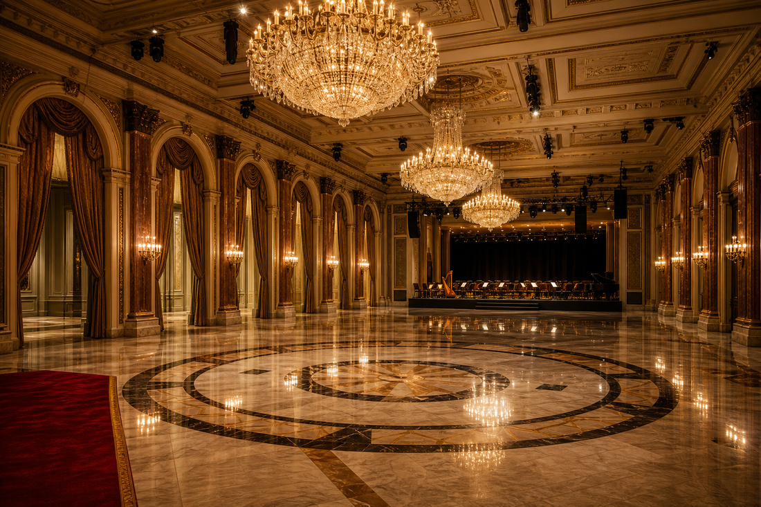 Empty grand ballroom with warm chandelier light before a formal gala
