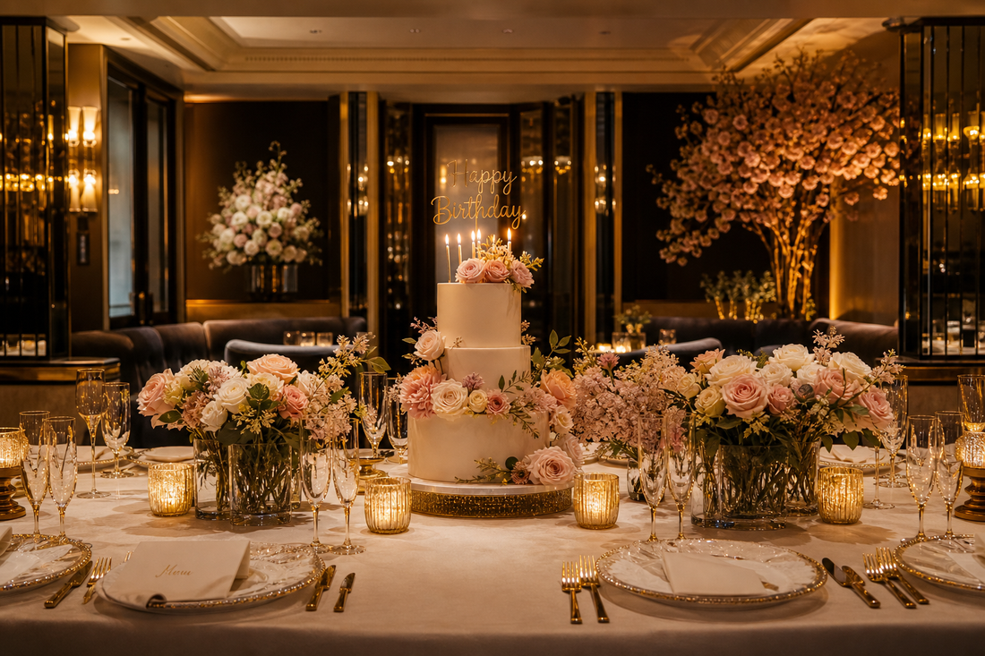 Luxury birthday table with cake, candles, and florals in warm candlelight