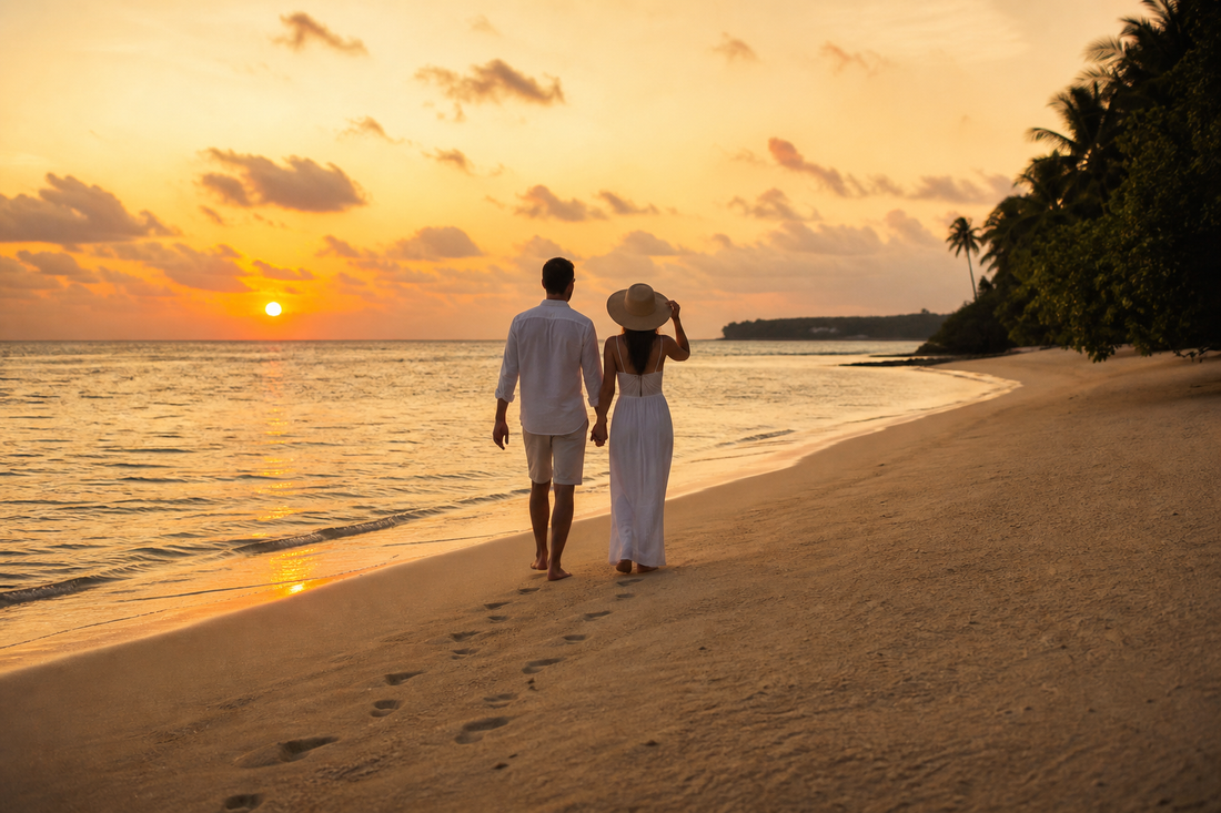 Couple walking on a quiet beach at sunset, beach honeymoon mood